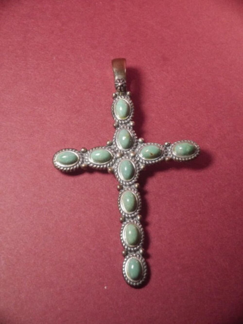 Unisex Silver Cross with Green Turquoise Settings with Maker's Mark